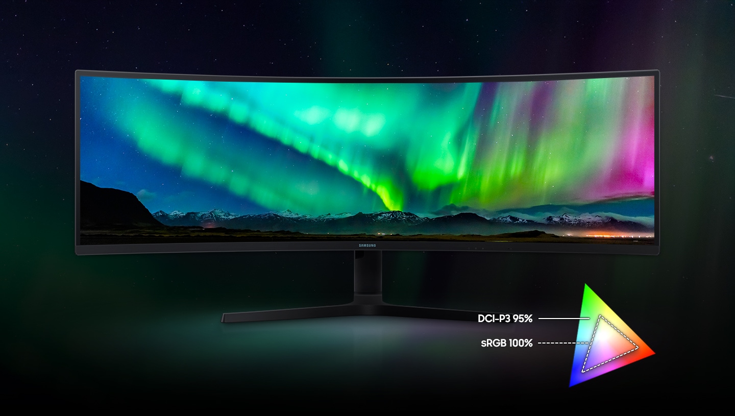 S9 stands in starry dark background showing aurora on screen with green and pink color. A color chart in a triangular shape in the right lower corner shows wider range of color with DCI-P3 95% compared to the range of sRGB 100%.