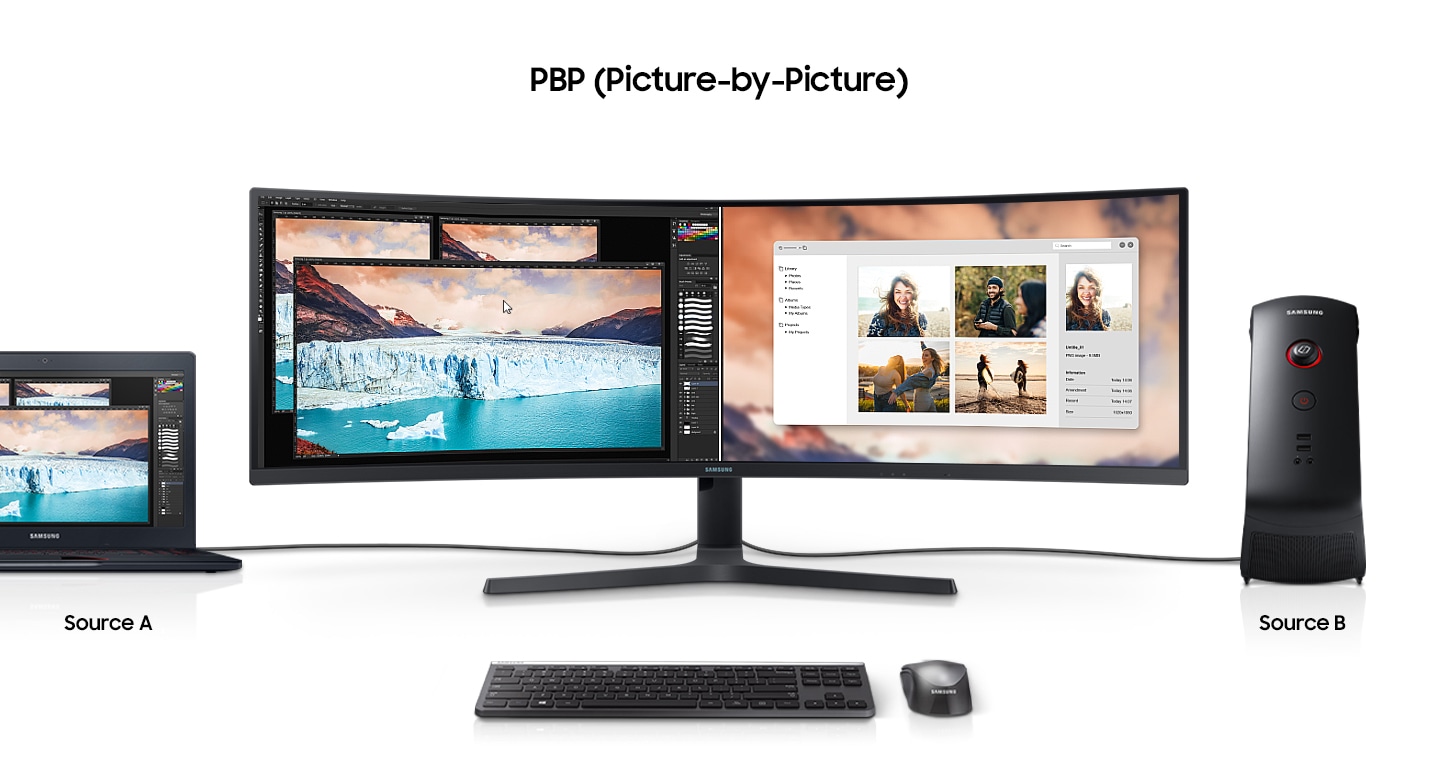 S9 is connected by cables to a laptop on the left side with words †Source A' below, and a PC on the right side with words †Source B' below, and a keyboard and mouse in front. Above the monitor shows the †Picture by Picture', with the monitor screen split into half and half showing sides †Source A' and †Source B'.