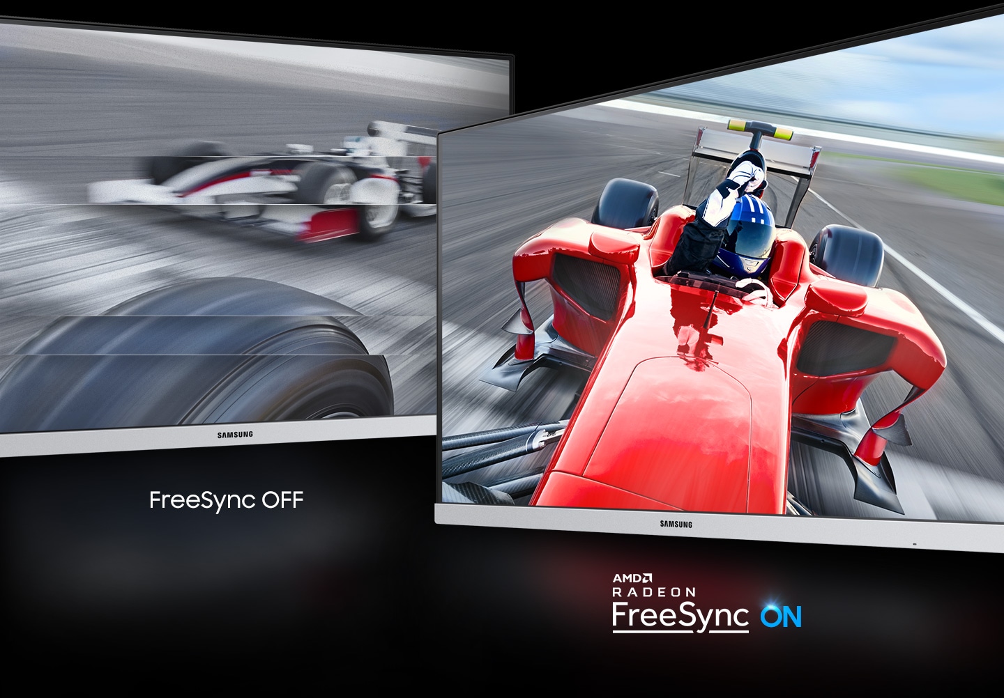 Comparing Freesync off and AMD Radeon Freesync On. In Freesync off, horizontal lines are visible on the screen and the image is out of alignment, but in Freesync on, a clear image is visible.