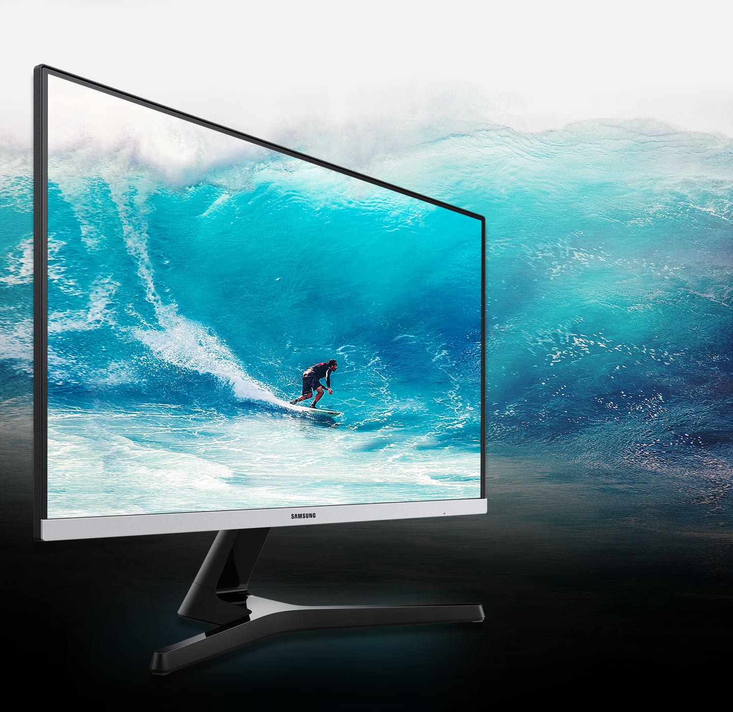 An SR35 monitor is placed on it and a man is riding a surfboard in the screen.