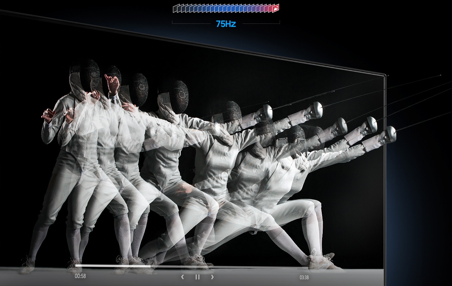 The screen refresh rate of 75Hz is displayed as a stop-motion image of the fencer's stab.