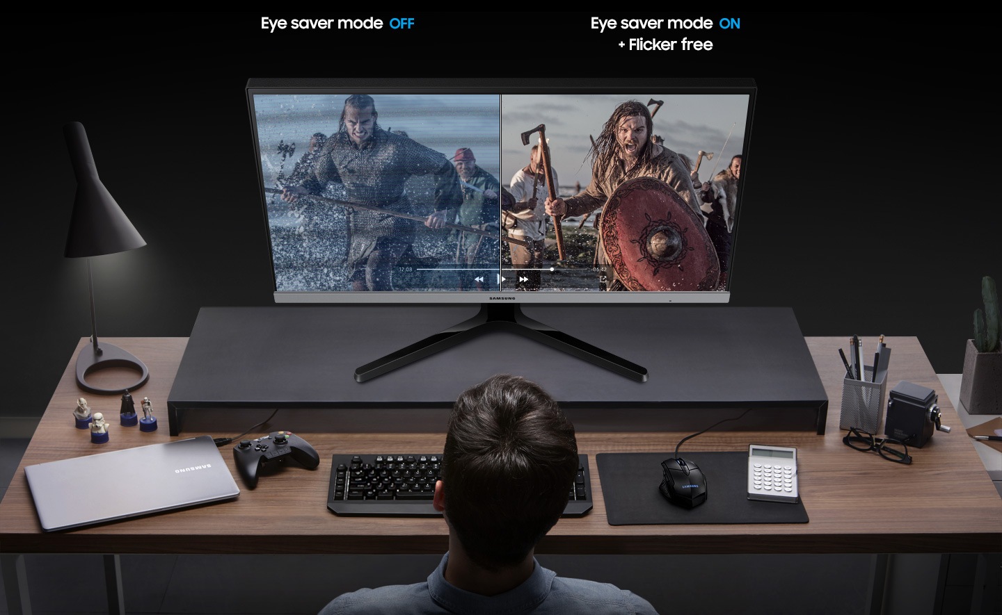 Eye saver mode off and Eye saver mode On + Flicker free comparison. In Eye saver mode off, the blue color is strong and horizontal stripes are visible on the screen, but in Eye saver mode on, a clean and warm color screen is displayed.