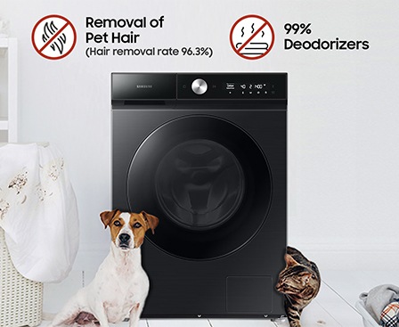 A white Bespoke Grande AI dryer is in a white room with a dog and a cat. There is a laundry bag to the left of the machine. Removal of Pet Hair (Hair removal rate 96.3%). 99% deodorizers.