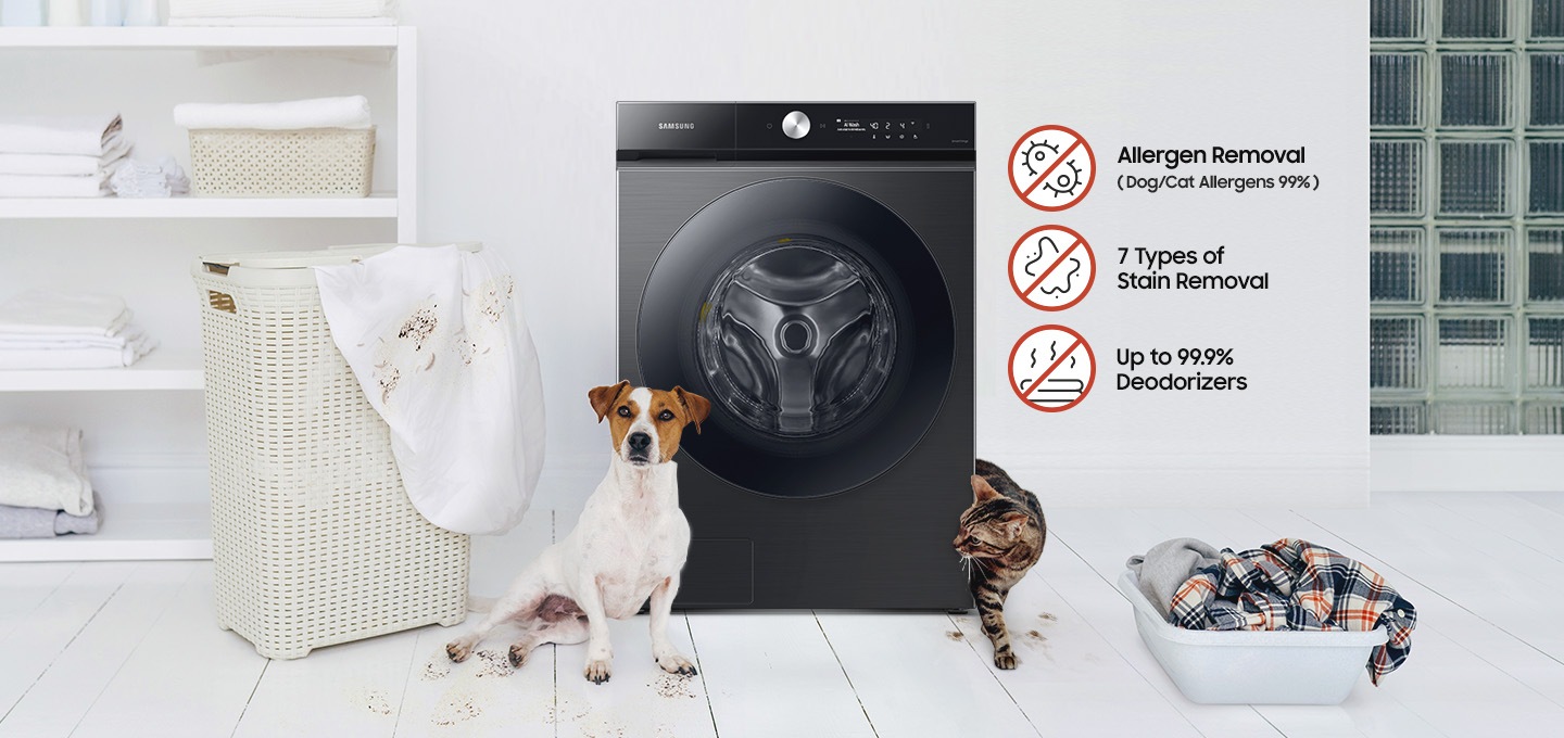 WD6000BK is in a white room with a dog and cat. There is a container with laundry on the floor to the right of the machine. Allergen Removal (Dog/Cat Allergens 99%