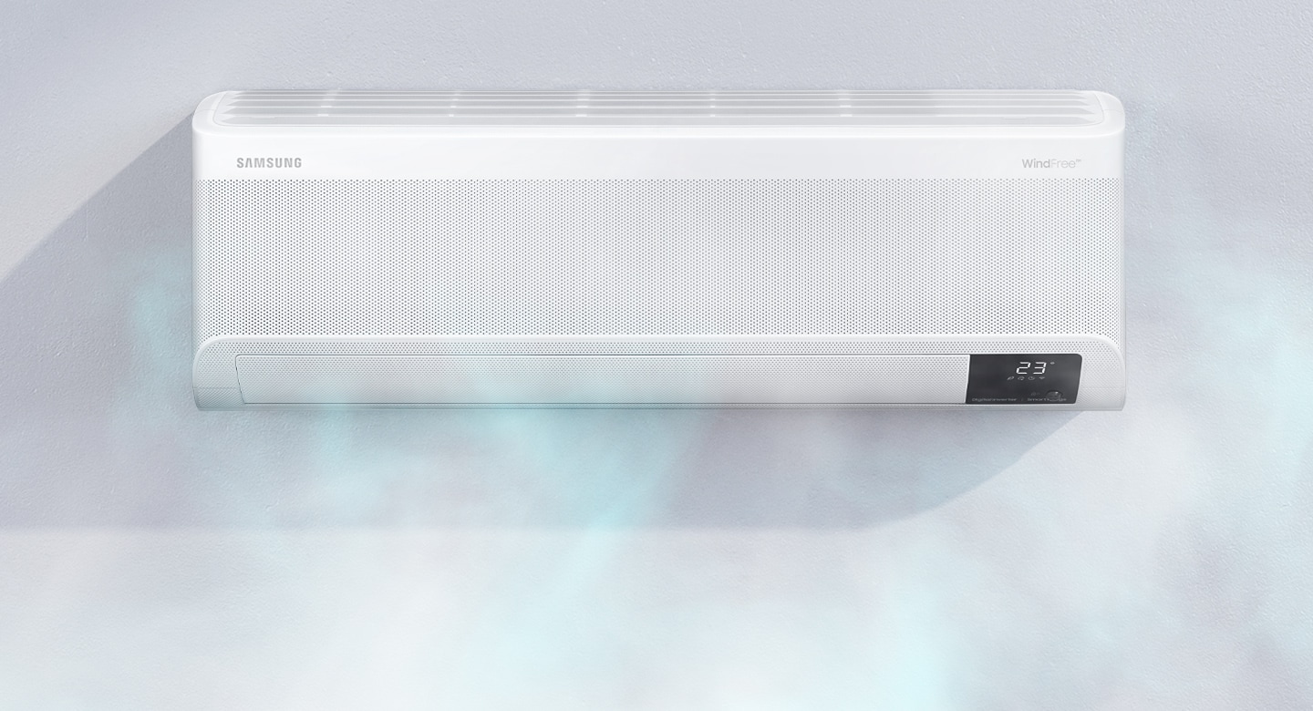 Shows a wall-mounted air conditioner gently and quietly dispersing cool air through WindFree™ Cooling’s 23,000 micro air holes.