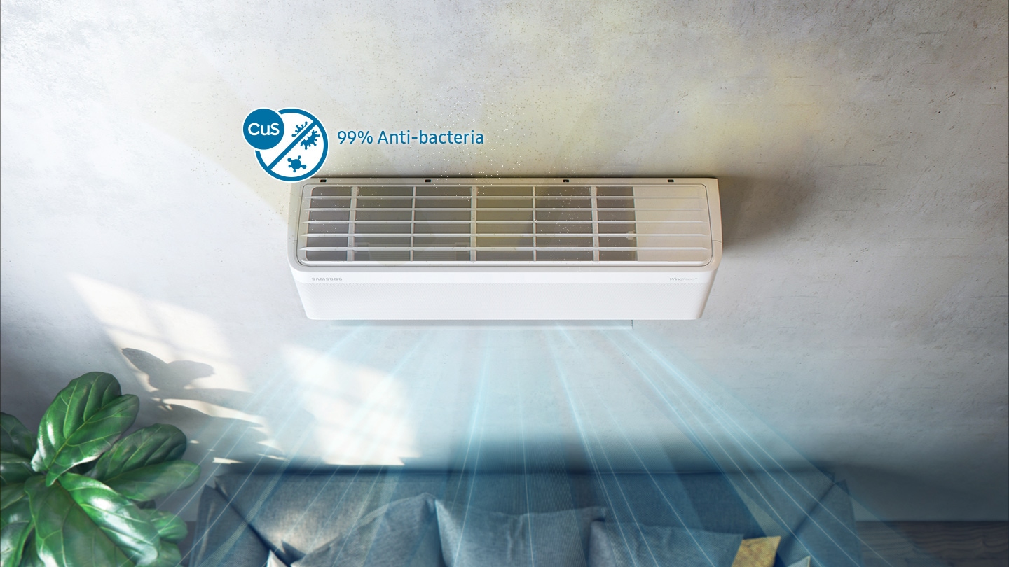 Shows how the Copper Anti-bacterial Filter on the top of the air conditioner helps eliminate up to 99% of airborne bacteria.