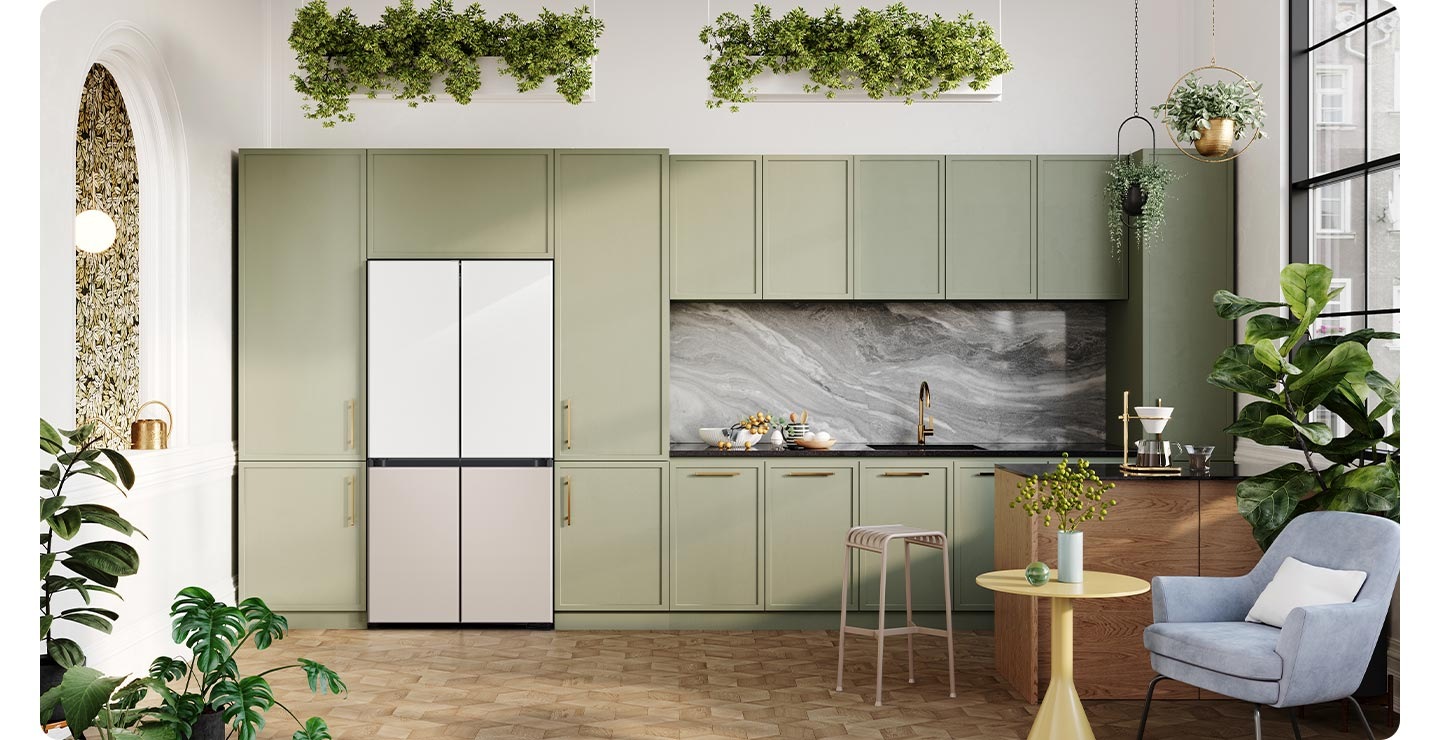 Placed in a stylish kitchen, the refrigerator has a two-tone finish that blends seamlessly with the tones of the room. Clean Pink, Clean Navy, Clean White, Satin Beige, Satin Grey, Satin Sky Blue, Cotta White and Cotta Charcoal Bespoke Panels are available for refrigerator doors.