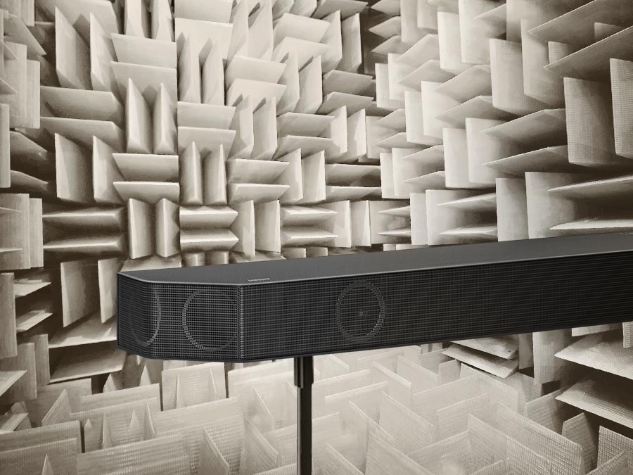 A close up of Samsung Soundbar in an anechoic chamber used to test each aspect of the Soundbar.