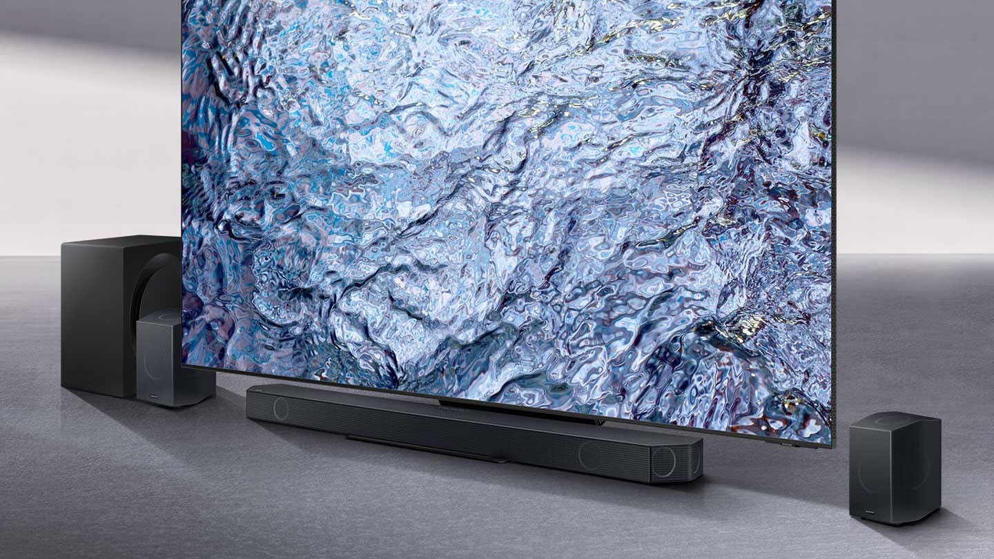 Samsung Q series Soundbar, subwoofer and rear speakers with QLED TV.