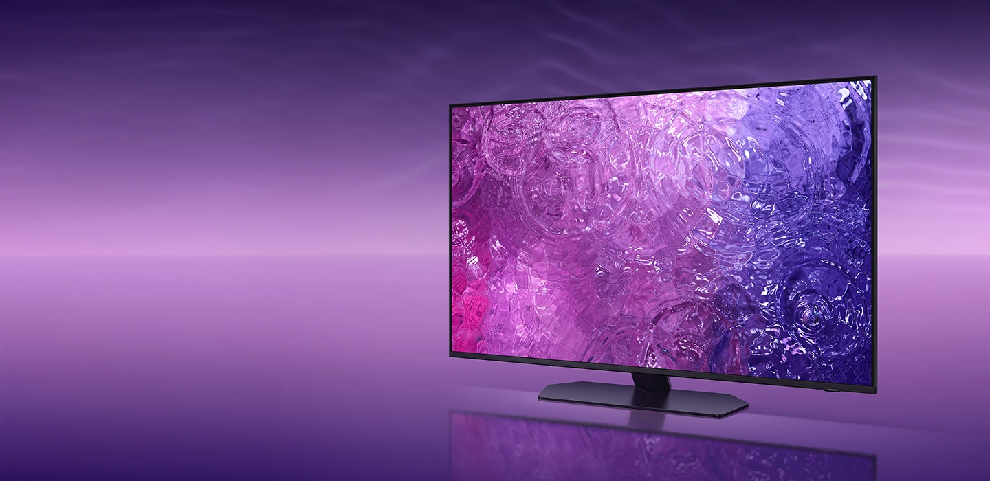 A Neo QLED TV is displaying purple graphic on its screen