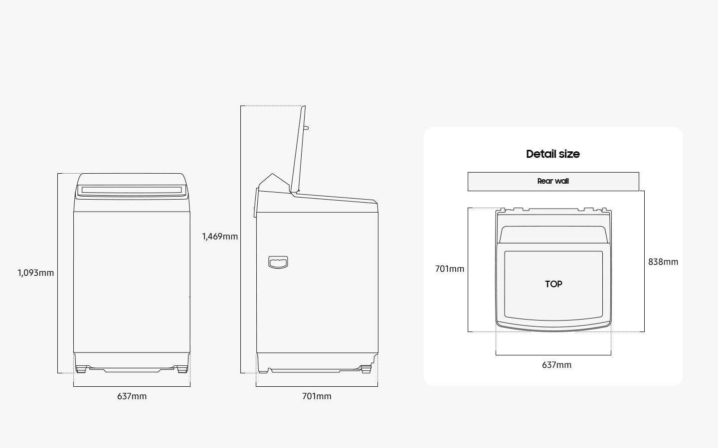 Width 637mm, height 1,093mm, depth 701mm, height with door open 1,469mm, install depth 838mm.