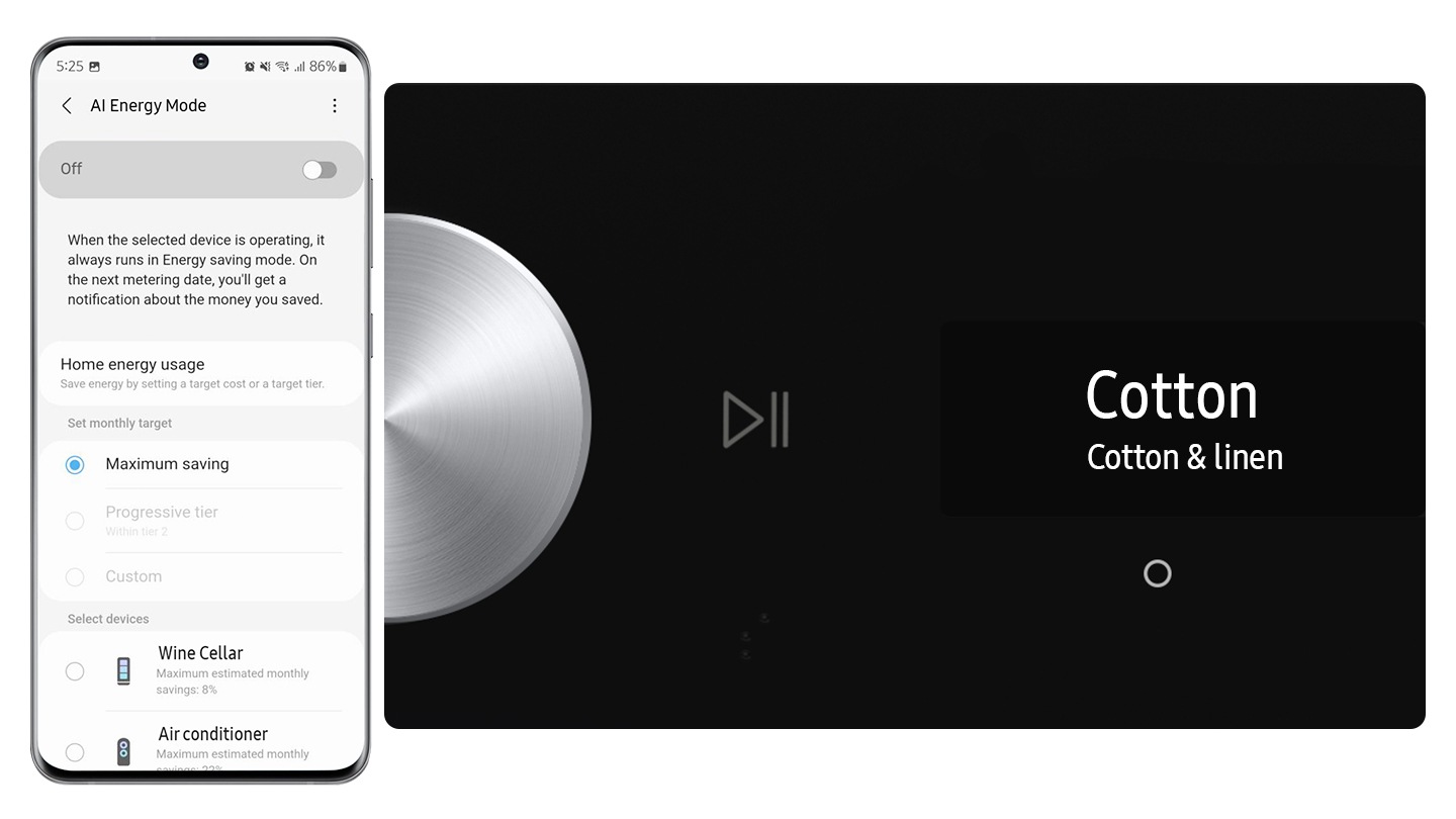 The AI ​​Energy Mode for Washer is activated by checking the mode button to On and selecting the device you want to run on your smartphone. 