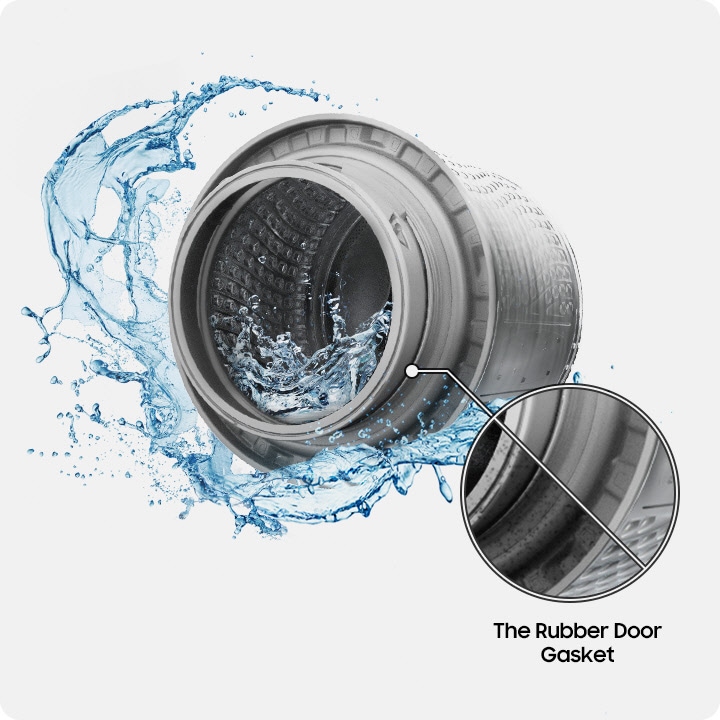A Bespoke Grande AI washer drum is illustrated at a 45 degree angle. Water splashes inside and outside of the drum. To its right is a closeup of the door gasket, with two types of door gaskets: one is the rubber door gasket used on the Samsung Bespoke Grande AI. It is spotless because of Drum Clean +. The other is a regular door gasket, which is covered in mold.