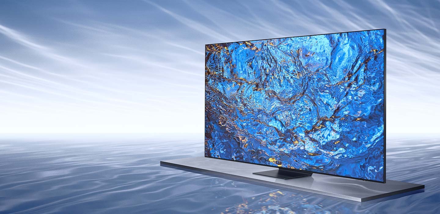 A Neo QLED TV is displaying a blue graphic, seemingly floating on a fluid-like surface.