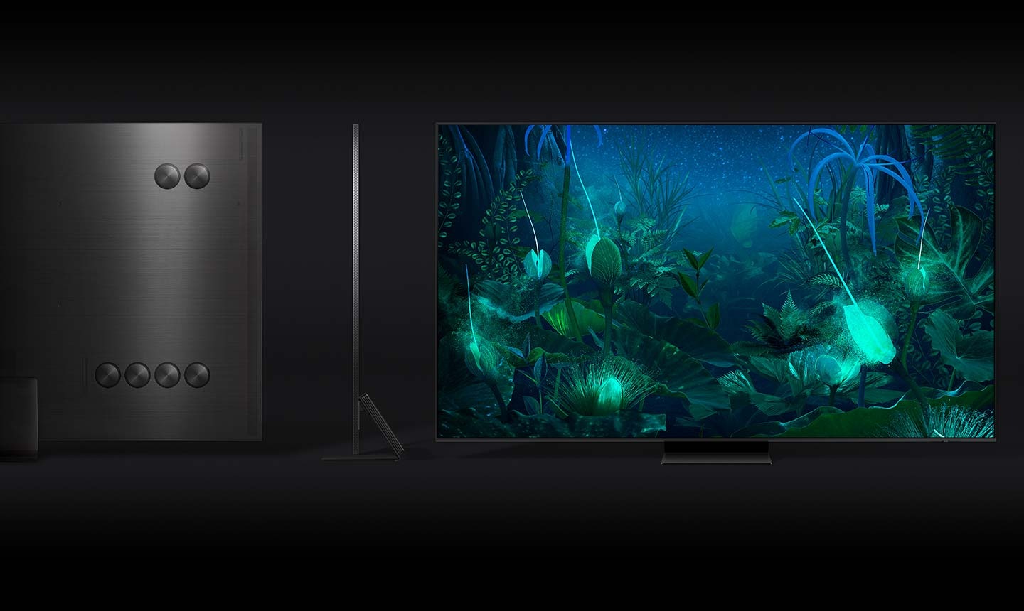 The front, side and back of the Neo QLED QN990C are on display. A subtle flash gracefully traces along the edges of the TVs to accentuate its stunning infinity-all-metal design.