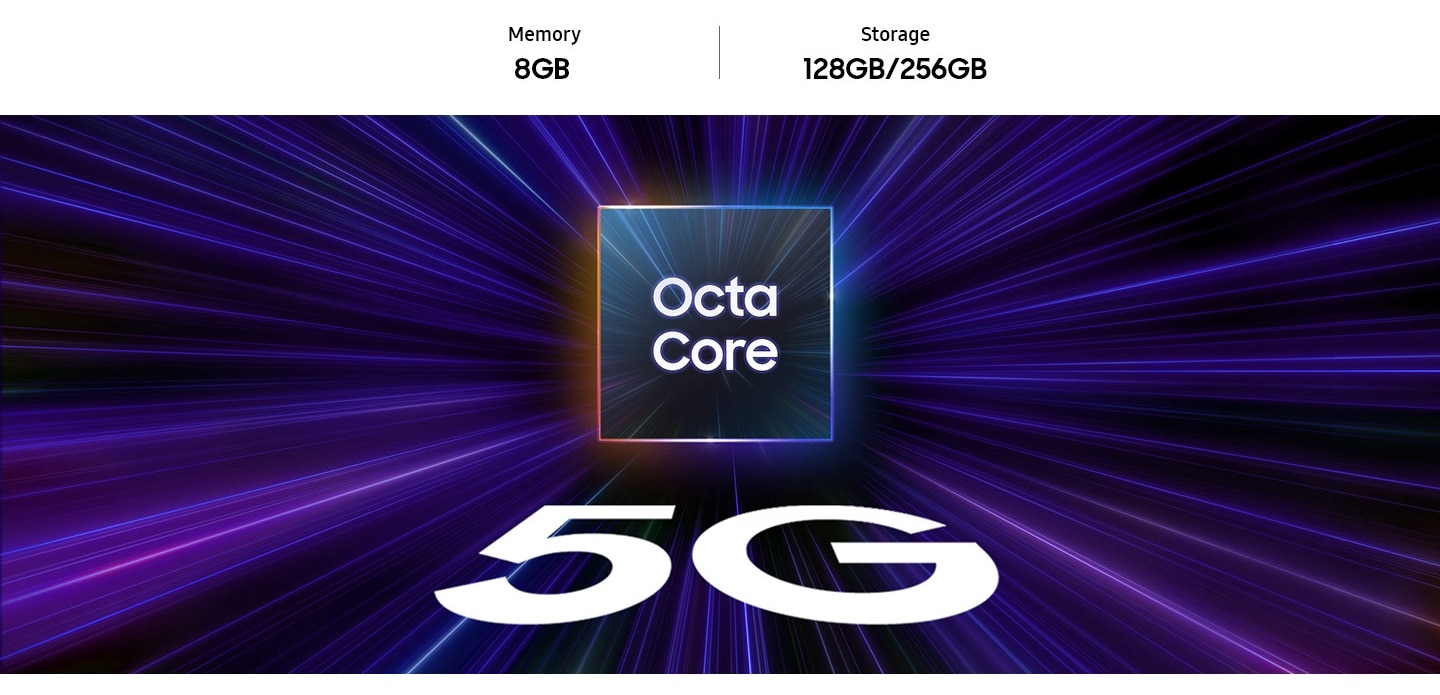 ข้อความภายในลูกบาศก์อ่านว่า 'Octa Core' ด้านล่างนั้นเป็นตัวอักษรขนาดใหญ่อ่านว่า '5G' ลำแสงทั้งหมดรวมกันไปที่ตรงกลางของลูกบาศก์ หน่วยความจำ 8GB, พื้นที่จัดเก็บข้อมูล 256GB