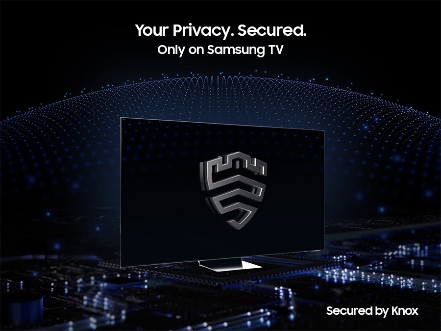 โซลูชันการรักษาความปลอดภัยแบบหลายชั้นกำลังสร้างโครงสร้างคล้ายโดมด้านหลังทีวีที่ Knox ยึดไว้ หน้าจอมีสัญลักษณ์ Samsung Knox ข้อความความเป็นส่วนตัวของคุณ ปลอดภัย. เฉพาะบน Samsung TV เท่านั้นที่แสดงอยู่ด้านบน