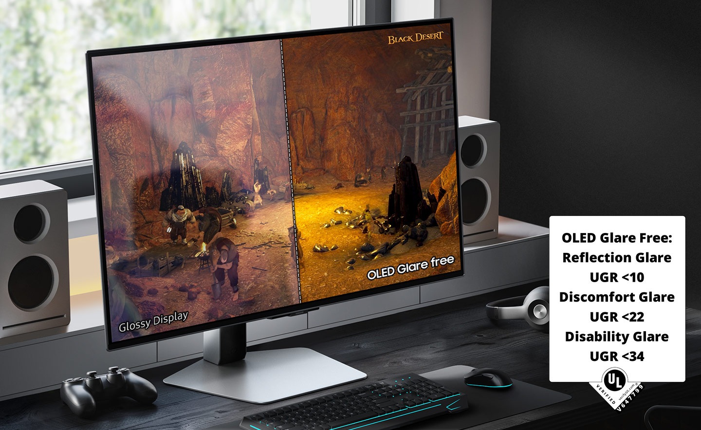 A monitor sits on a table by a window, with a mouse, keyboard, headphones, and speakers on it. The screen shows a scene from the game Black Desert split in half. The right side of the monitor, labeled "OLED Glare Free," is clearer and less reflective than the left side, labeled "Glossy Display." The label in the lower right corner lists the glare-free specification. It reads, "OLED Glare Free: Glare Reflection UGR <10. Discomfort Glare UGR <22. Disability Glare UGR <34. Verified, Verify.UL.com, V647799."