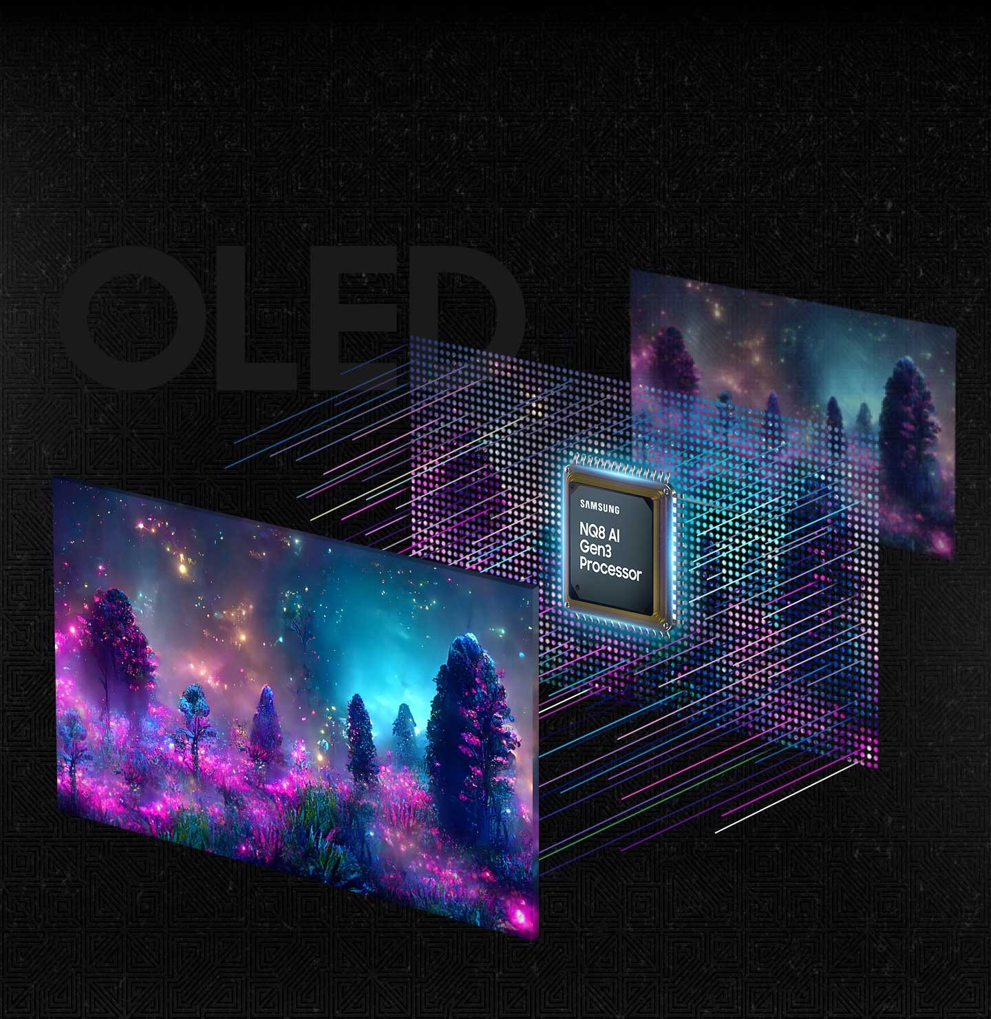 มีฉากเห็นต้นไม้ต่างดาวเรืองแสง เบื้องหลังฉาก แสงไฟจะสตรีมจากฉากเดียวกันในเวอร์ชันพิกเซล โดยมีโปรเซสเซอร์ NQ8 AI Gen3 อยู่ในพิกเซล เบื้องหลังเวอร์ชั่นพิกเซลพร้อมโปรเซสเซอร์เป็นฉากอีกเวอร์ชั่นที่สลัวกว่าฉากแรก
