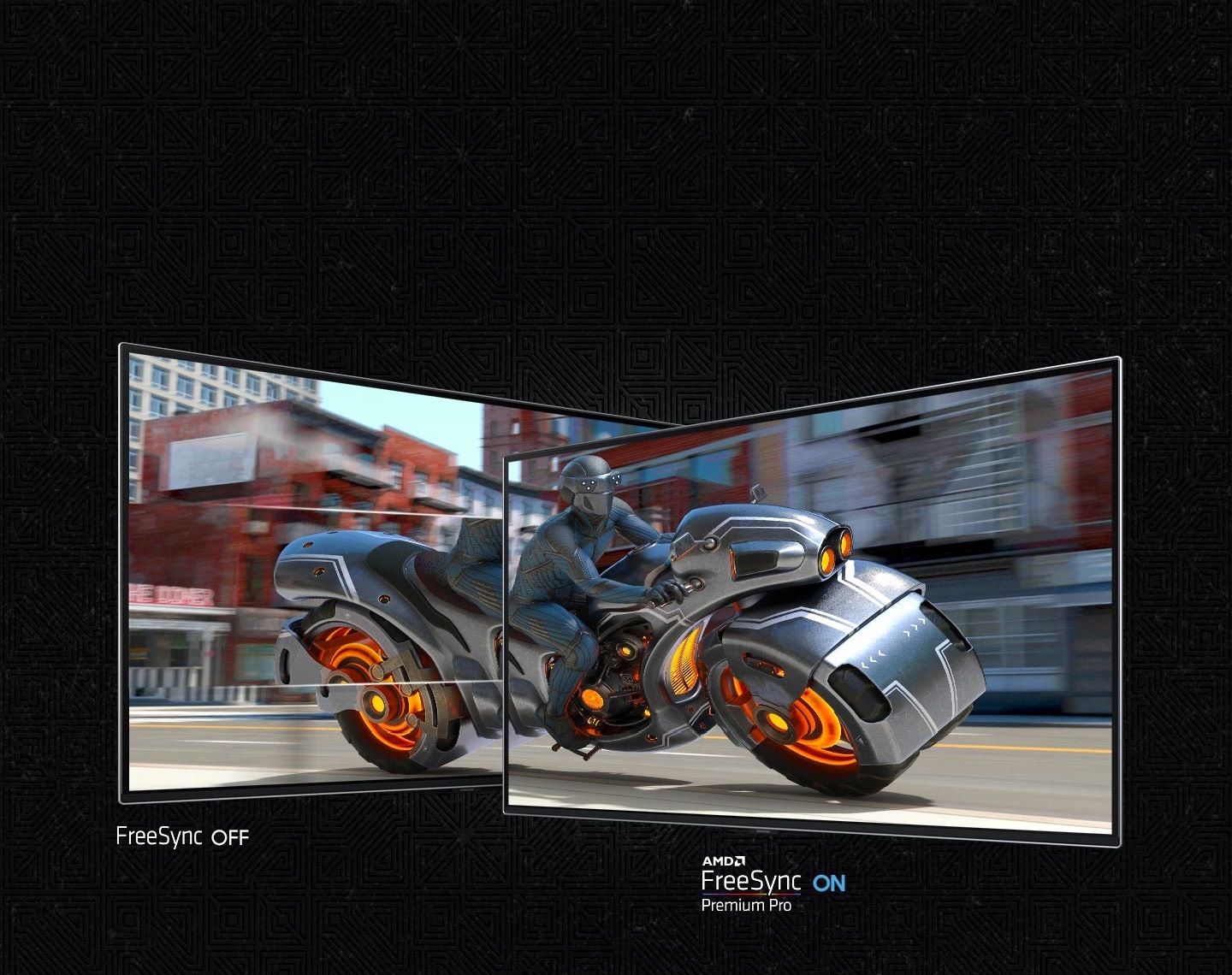 The screen shows a man riding a futuristic motorcycle. and divided into two parts The left section, labeled "FreeSync OFF," shows a stuttering screen. The right side clearly says "AMD FreeSync Premium Pro ON."