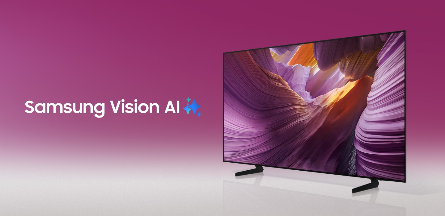 คำว่า Samsung Vision AI มาพร้อมกับโลโก้ Samsung AI เมื่อเปิดทีวีขึ้นมา ภาพทิวทัศน์สีชมพูนามธรรม เช่น ภูเขาที่มีลวดลายหมุนวน