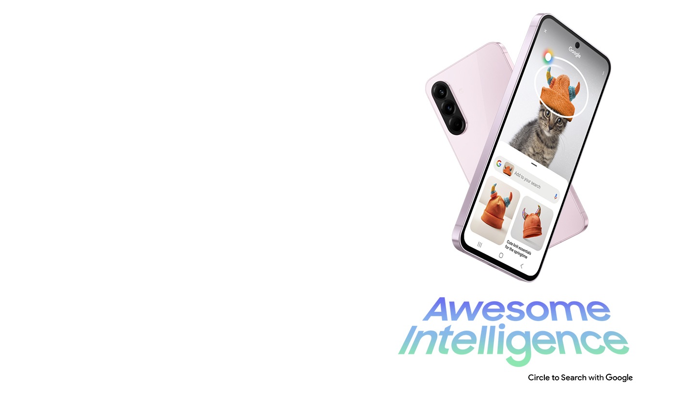 อุปกรณ์ Galaxy A56 5G สองเครื่องที่วางตัวกันเป็นรูปตัว X โดยที่โทรศัพท์เครื่องหลังนั้นหันด้านหลังให้ ส่วนโทรศัพท์เครื่องหน้าก็มีฟีเจอร์วงเพื่อค้นหาอยู่ในหน้าจอ มีข้อความ “ความอัจฉริยะอันยอดเยี่ยม” แสดงอยู่ มีข้อความ “วงเพื่อค้นหาด้วย Google” แสดงอยู่