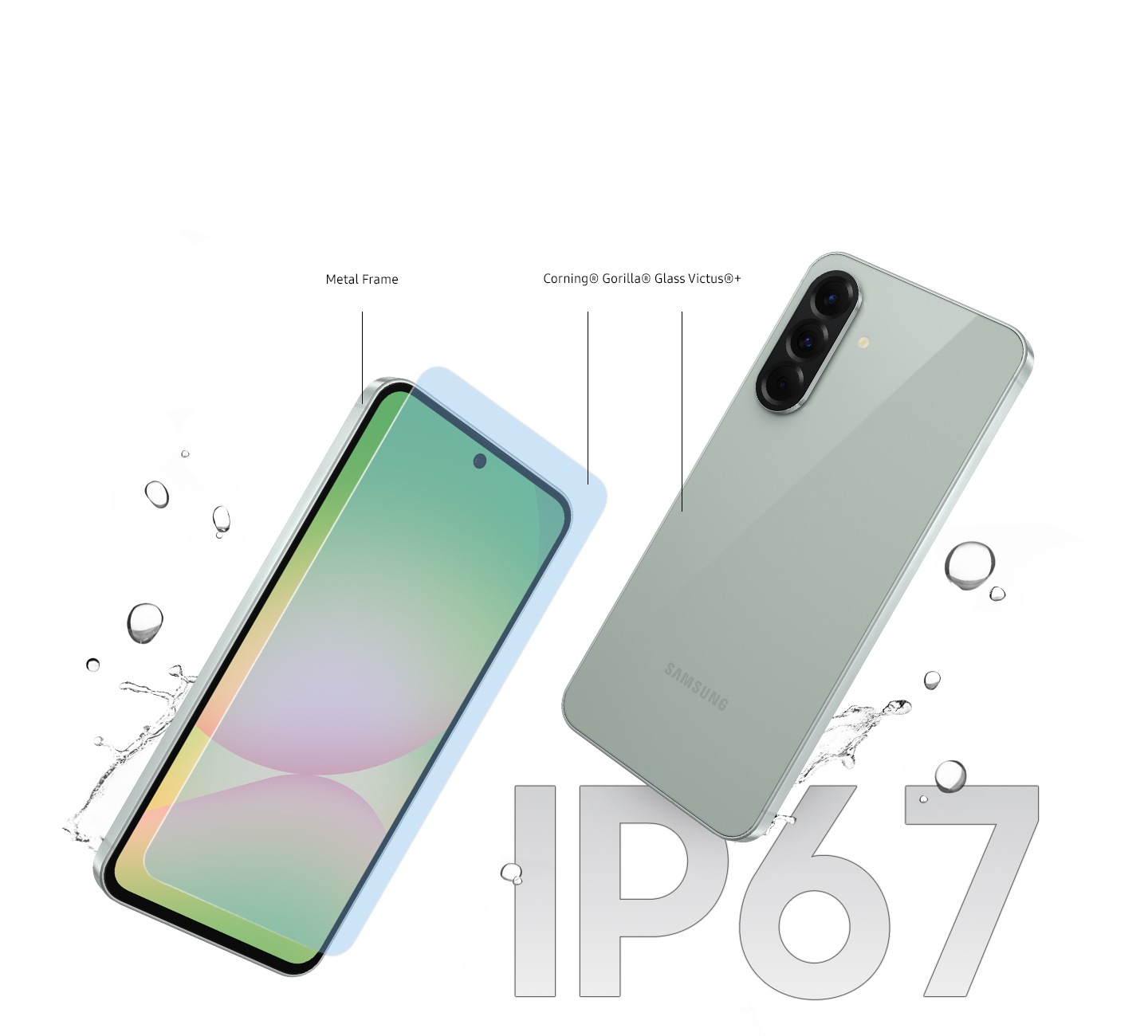 มีอุปกรณ์ Galaxy A56 5G สองเครื่องปรากฏให้เห็น อุปกรณ์เครื่องซ้ายหันด้านหน้าให้และเอียงอยู่เล็กน้อย มีข้อความ “เฟรมโลหะ” ปรากฏให้เห็น มีชั้นกระจกอยู่ตรงด้านหน้าของหน้าจอ มีข้อความ “Corning เครื่องหมายจดทะเบียน Gorilla เครื่องหมายจดทะเบียน Glass Victus เครื่องหมายจดทะเบียน plus” ปรากฏอยู่ระหว่างกระจกด้านหน้าและด้านหลัง อุปกรณ์เครื่องขวาหันด้านหลังให้และเอียงเล็กน้อย ตรงฉากหลังมีน้ำกระเซ็นอยู่เพื่อสื่อถึงความทนทานพร้อมกับมีตัวอักษร IP67