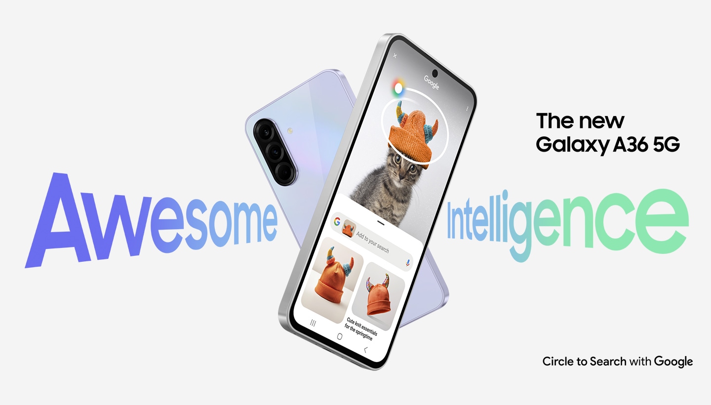'อุปกรณ์ Galaxy A36 5G สองเครื่องที่วางตัวกันเป็นรูปตัว X โดยที่โทรศัพท์เครื่องหลังนั้นหันด้านหลังให้ ส่วนโทรศัพท์เครื่องหน้าก็มีฟีเจอร์วงเพื่อค้นหาอยู่ในหน้าจอ มีข้อความ “ความอัจฉริยะอันยอดเยี่ยม” และ Galaxy A36 5G รุ่นใหม่ปรากฏให้เห็น มีข้อความ “วงเพื่อค้นหาด้วย Google” ตรงด้านขวาล่าง