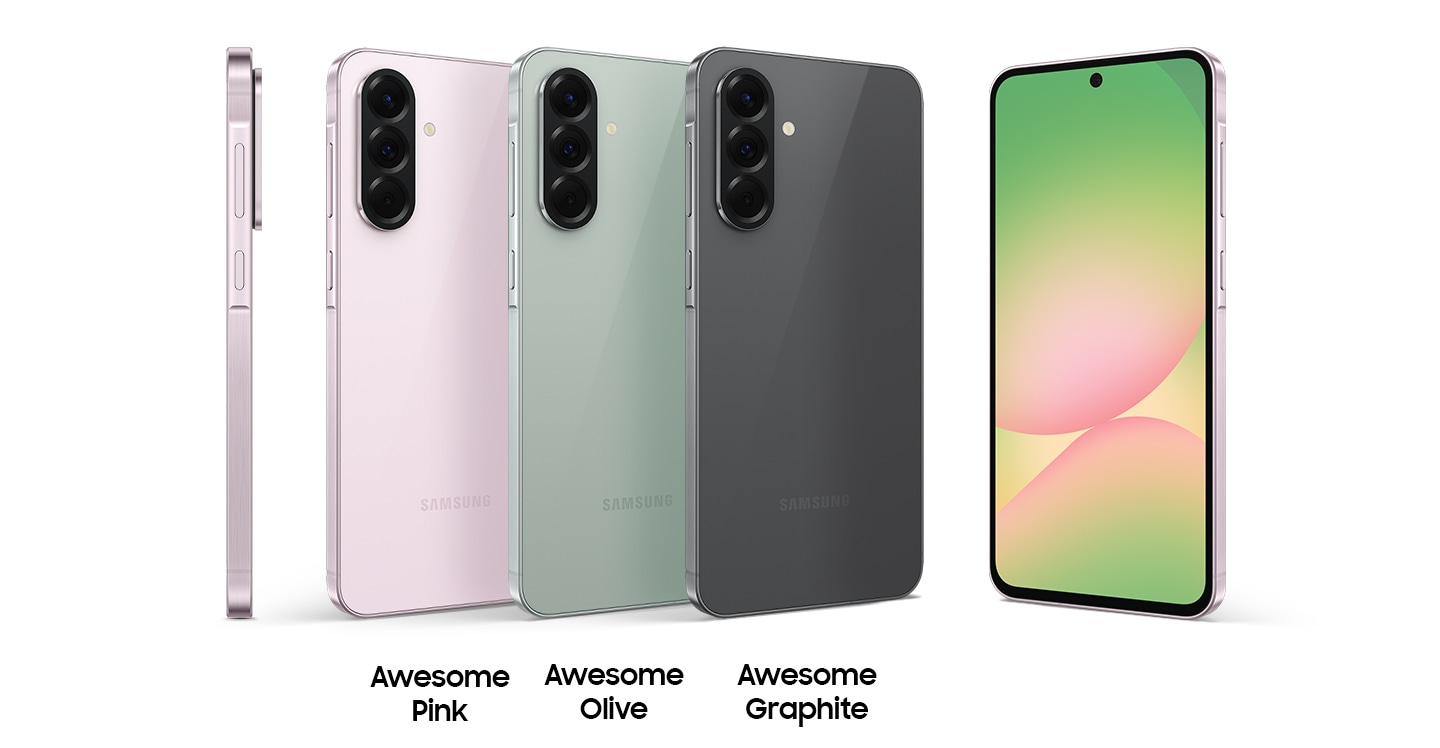 มีอุปกรณ์ Galaxy A56 5G อยู่หกเครื่อง โทรศัพท์ทางด้านซ้ายสุดหันด้านข้างให้เพื่อสื่อให้เห็นถึงความหนาอันบางเฉียบของ Galaxy A56 5G ส่วนอุปกรณ์อีกสี่เครื่องถัดมาก็เอียงหันด้านหลังให้ในแบบเดียวกัน โดยที่แต่ละเครื่องมีสีตามชื่อสีต่าง ๆ ได้แก่ Awesome Pink, Awesome Olive, Awesome Graphite ที่อยู่ข้างล่าง ทางด้านขวาสุดมี Galaxy A56 5G ที่หันด้านหน้าให้แบบเอียงเล็กน้อยพร้อมกับมีกราฟิกแบบแอบส์แทรกต์อยู่ในหน้าจอ