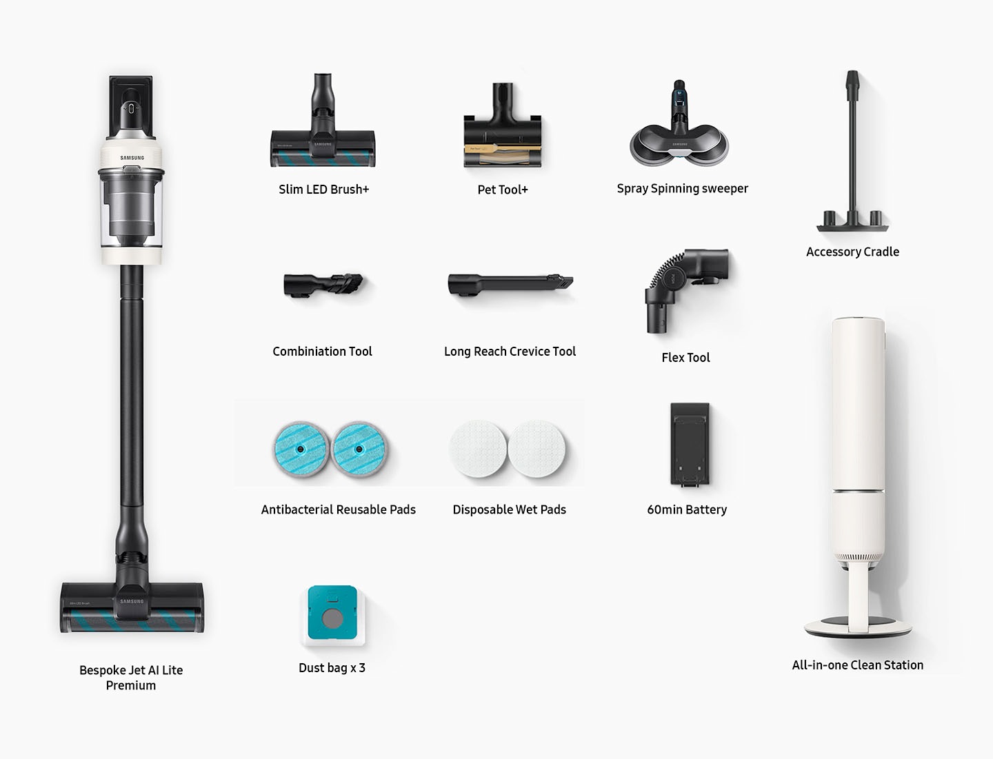 ส่วนประกอบที่มาในกล่อง ได้แก่ Bespoke Jet AI Lite Premium, Slim LED Brush+, Pet Tool+, เครื่องกวาดแบบหมุนสเปรย์, เครื่องมือผสมผสาน, เครื่องดูดฝุ่นซอกซอนแบบเข้าถึงได้ไกล, เครื่องมือ Flex, แผ่นทำความสะอาดแบบใช้ซ้ำได้ป้องกันแบคทีเรีย, แผ่นทำความสะอาดเปียกแบบใช้แล้วทิ้ง, แบตเตอรี่ 60 นาที, ถุงเก็บฝุ่น x 3 (ติดตั้งแล้ว 1 ชิ้น, สำรอง 2 ชิ้น), แท่นวางอุปกรณ์เสริม, สถานีทำความสะอาดแบบ All-in-one
