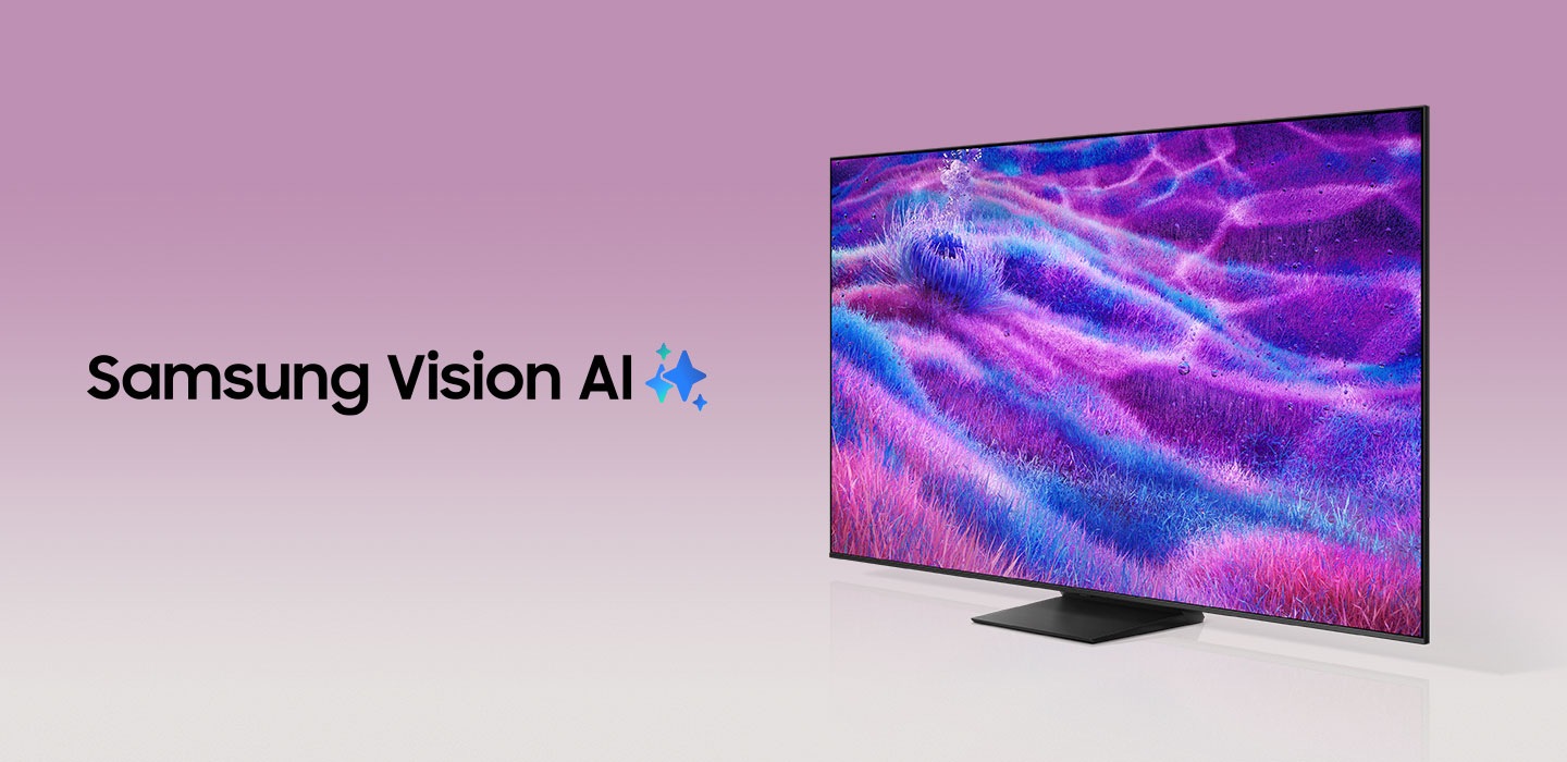 คำว่า Samsung Vision AI มาพร้อมกับโลโก้ Samsung AI ใกล้ๆ กันนั้น ทีวีจะเปิดขึ้นเพื่อแสดงภาพทิวทัศน์ที่มีสีสัน