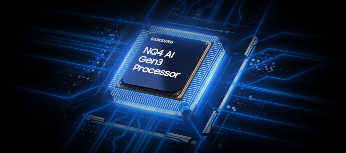 ชิปประมวลผล Samsung NQ4 AI Gen3 ลงมาบนเมนบอร์ดของทีวีและสว่างขึ้นด้วยคลื่นพลังงานที่พุ่งจากชิปไปยังส่วนอื่น ๆ ของทีวี