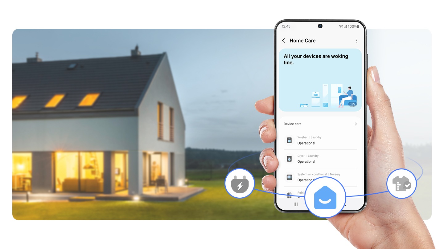 บุคคลกำลังใช้อุปกรณ์ดูแลบ้าน SmartThings และดูแลการทำงานของอุปกรณ์