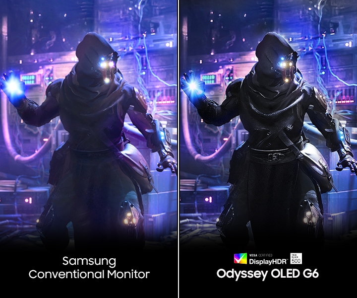 ภาพของตัวละครที่เปล่งแสงผ่านมือจะชัดเจนขึ้นบน Odyssey OLED G6 ซึ่งมีโลโก้ VESA Certified DisplayHDR TrueBlack 500 เมื่อเปรียบเทียบกับจอภาพทั่วไปของ Samsung