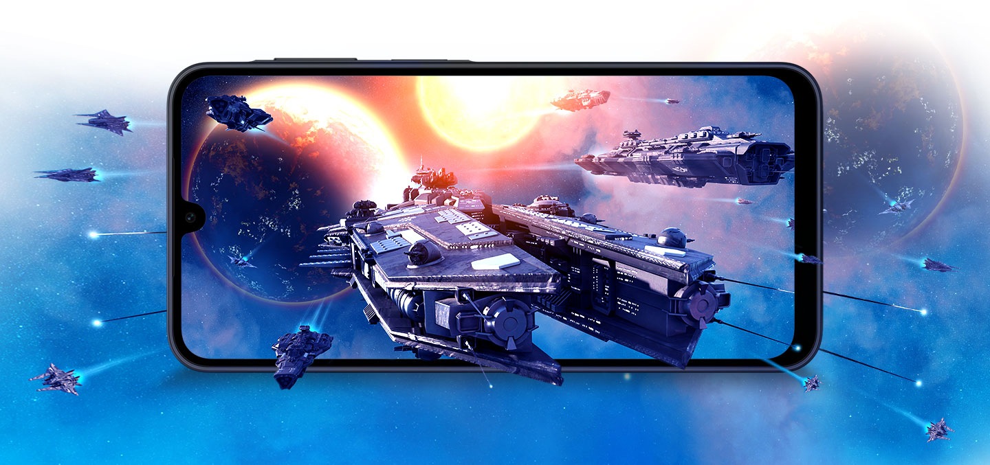 Galaxy A17 5G แสดงให้เห็นฉากการรบในอวกาศที่ดูสดใส เน้นให้เห็นถึงประสิทธิภาพอันทรงพลังในการเล่นเกมและการสตรีม HD ที่ราบรื่น