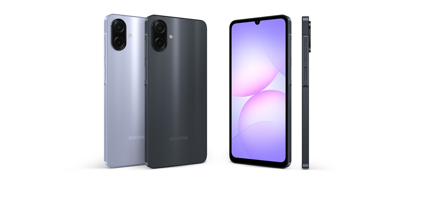 Galaxy A07 สี Black, Light Violet และ Green จากมุมมองต่าง ๆ โดยเน้นให้เห็นถึงดีไซน์ที่ทันสมัยและเพรียวบาง