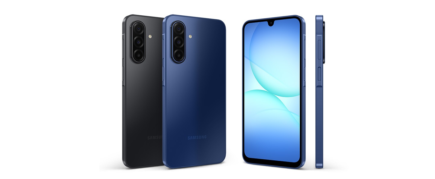 Galaxy A17 5G สี Black, Blue จากมุมมองต่าง ๆ โดยเน้นให้เห็นถึงดีไซน์ที่ทันสมัย เพรียวบาง และน่าทึ่ง