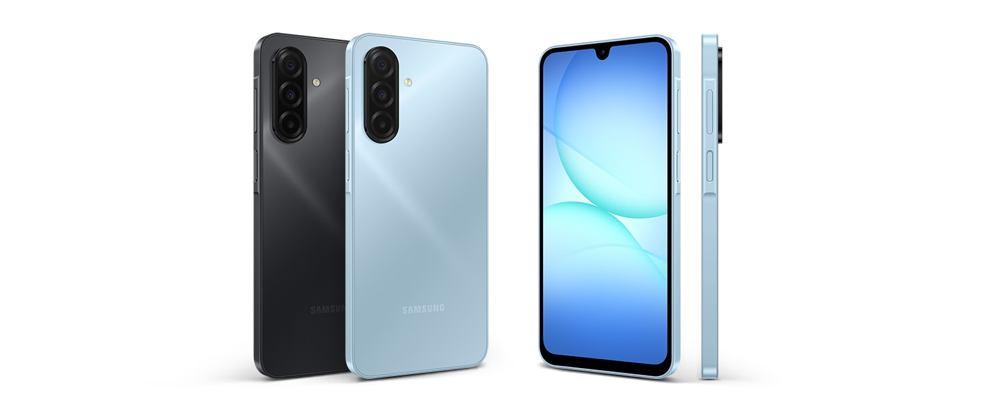 Galaxy A17 สี Black, Light Blue และ จากมุมมองต่าง ๆ โดยเน้นให้เห็นถึงดีไซน์ที่ทันสมัย เพรียวบาง และดูดีมีสไตล์