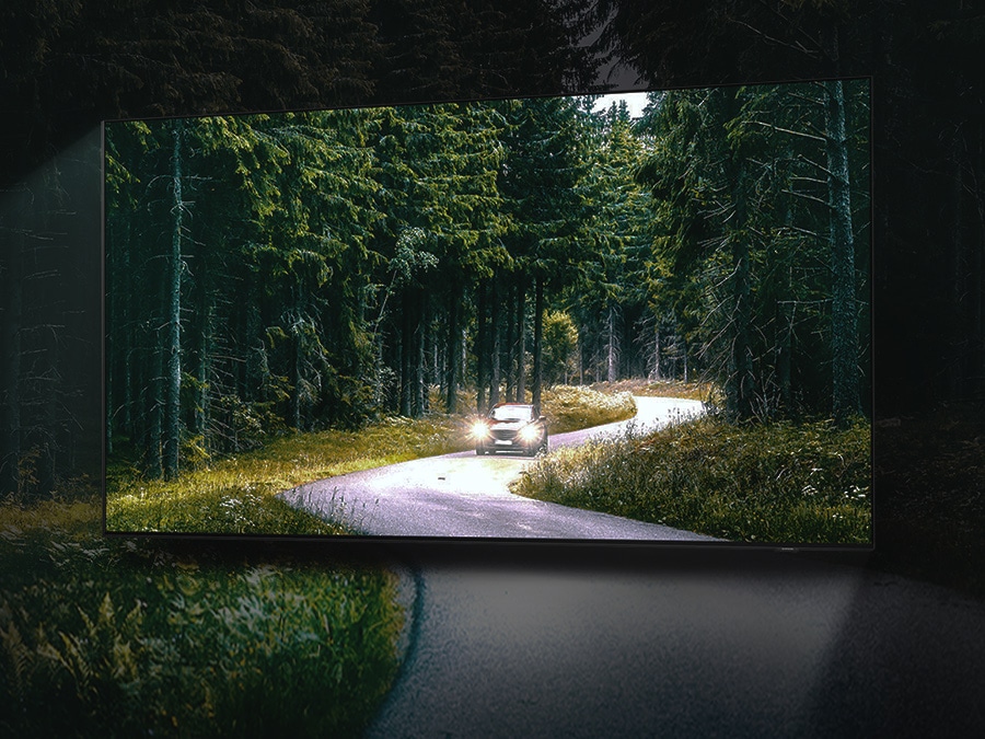A car is running with lights on through the dense green forest on the TV screen. QLED TV shows accurate representation of bright and dark colors by catching small details. The HDR10+ ADAPTIVE/GAMING logo is on display.