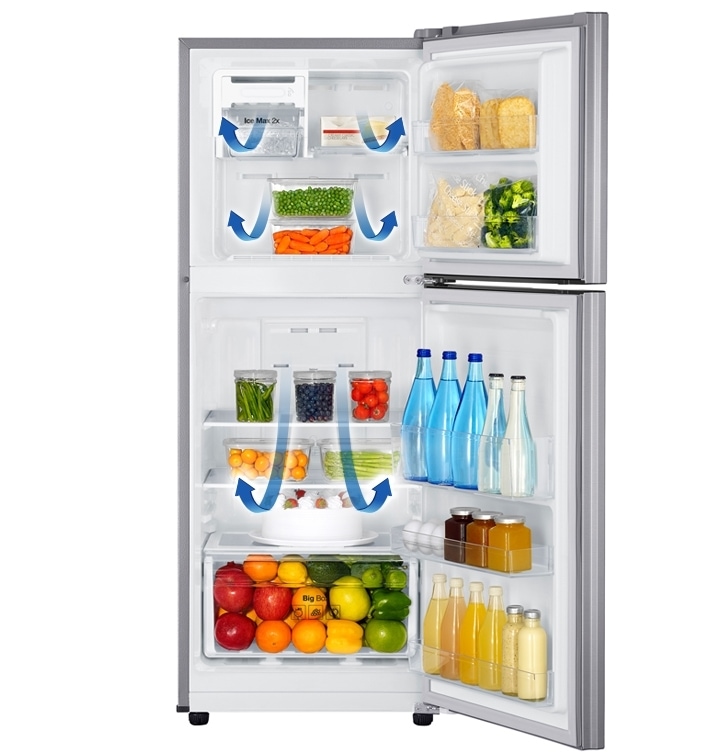 ตู้เย็นเปิดประตูทั้ง 2 บาน มีของแช่เต็มตู้สดตลอดเวลาเย็นทั่วถึง ระบบ All-around Cooling
