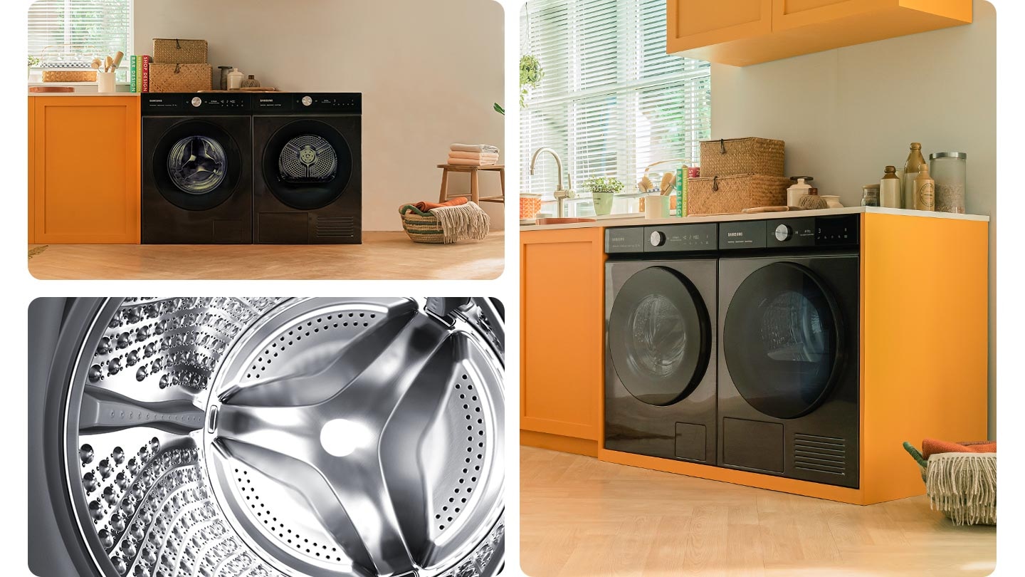 There are three white Bespoke Grande AI washers in 3 different locations: one is by itself in a room, one is built-in under a white marble countertop, and one is set at the end of a kitchen cabinet, its door open slightly.