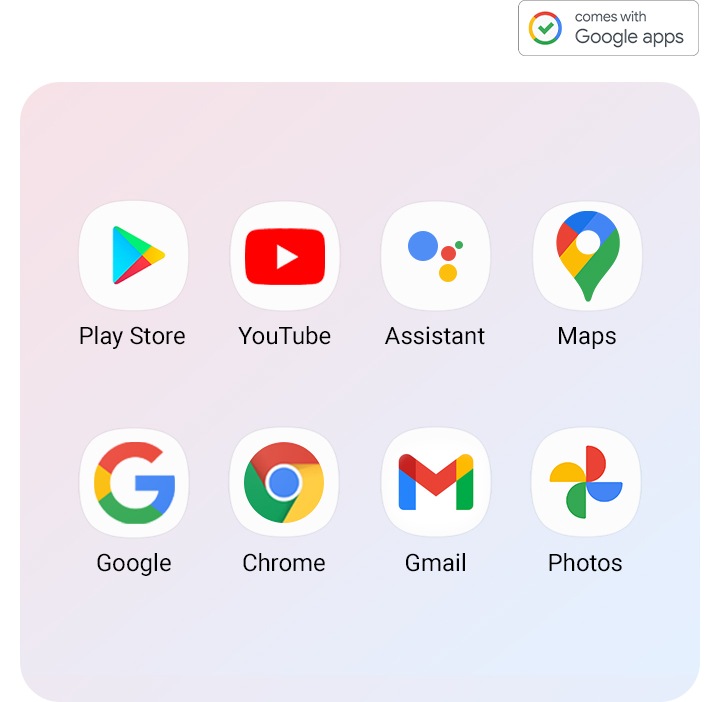 แอปต่าง ๆ ของ Google ที่ติดตั้งอยู่ใน Galaxy A72 นั้นถูกจัดแสดงอยู่ (Play Store, YouTube, Assistant, Maps, Google, Chrome, Gmail, Photos)