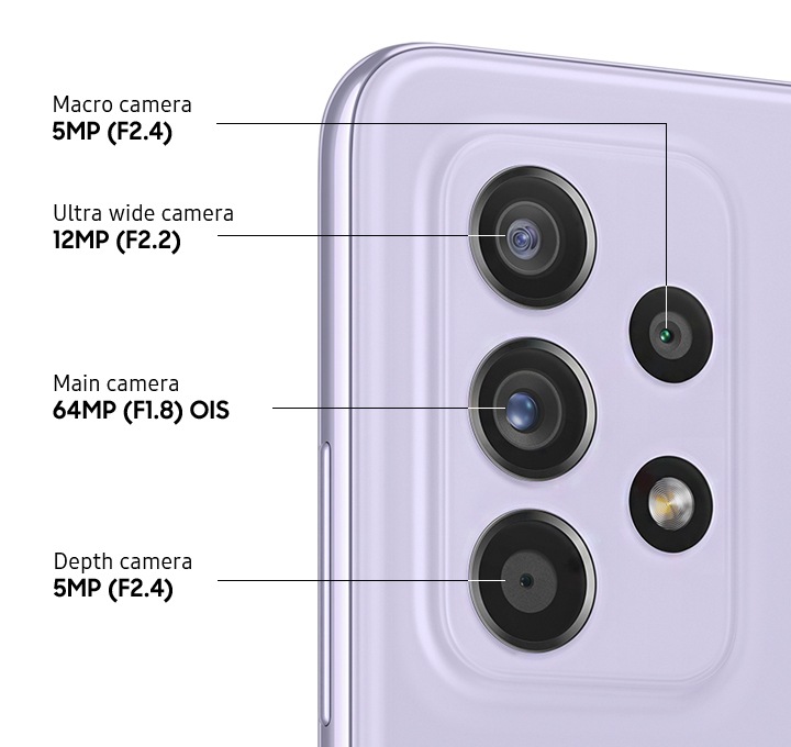 ภาพระยะใกล้ด้านหลังของกล้องสี่ตัวอันล้ำหน้าของโทรศัพท์สี Awesome Violet ที่แสดงให้เห็นถึง F1.8 64MP OIS Main Camera, F2.2 12MP Ultra Wide Camera, F2.4 5MP Depth Camera และ F2.4 5MP Macro Camera