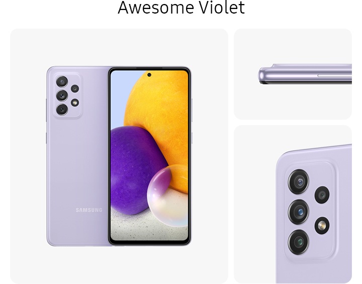  ภาพหลาย ๆ มุมของ Galaxy A72 สี Awesome Violet ที่แสดงให้เห็นถึงดีไซน์ของด้านหลัง ด้านหน้า ด้านข้าง และภาพระยะใกล้ของกล้องหลัง