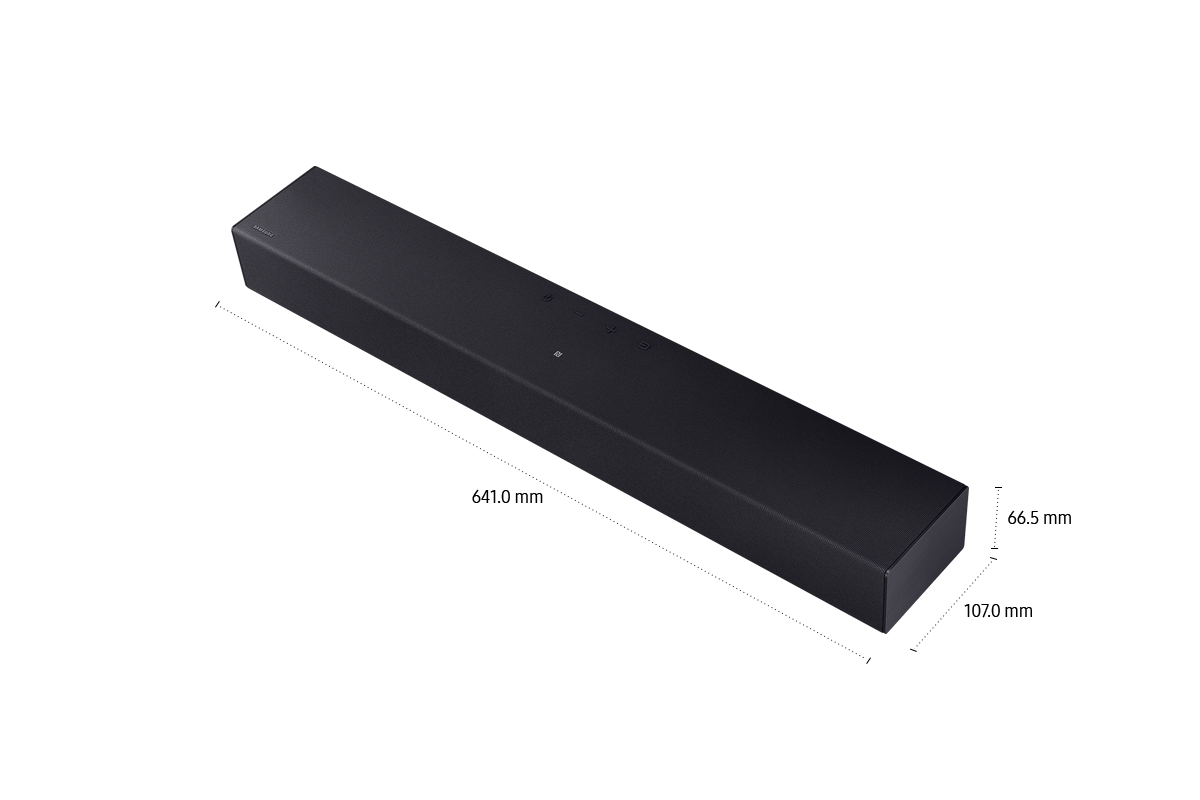 ขนาดของ Samsung Soundbar HW-B400F (641 x 66.5 x 107 มม.)