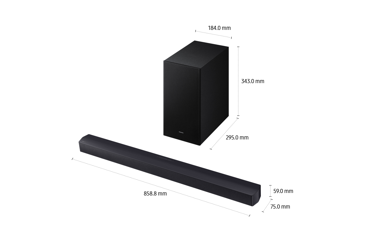 ขนาดของ Samsung Soundbar HW-B450F (858.8 x 59 x 75 มม.) พร้อมซับวูฟเฟอร์ (184 x 343 x 295 มม.)