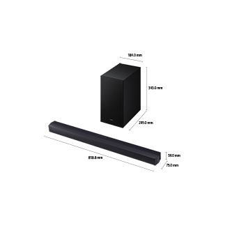 ขนาดของ Samsung Soundbar HW-B450F (858.8 x 59 x 75 มม.) พร้อมซับวูฟเฟอร์ (184 x 343 x 295 มม.)