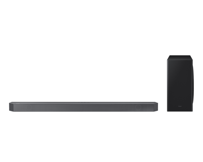 ดูราคา Samsung Soundbar มาพร้อมกับระบบเสียง 5.1.2 CH ให้กำลังเสียง 360W พร้อมผสานเสียงคู่กับทีวีได้อย่างทรงพลังด้วย Q-Symphony. ด้านหน้าของ HW-Q800B/XT สี Black