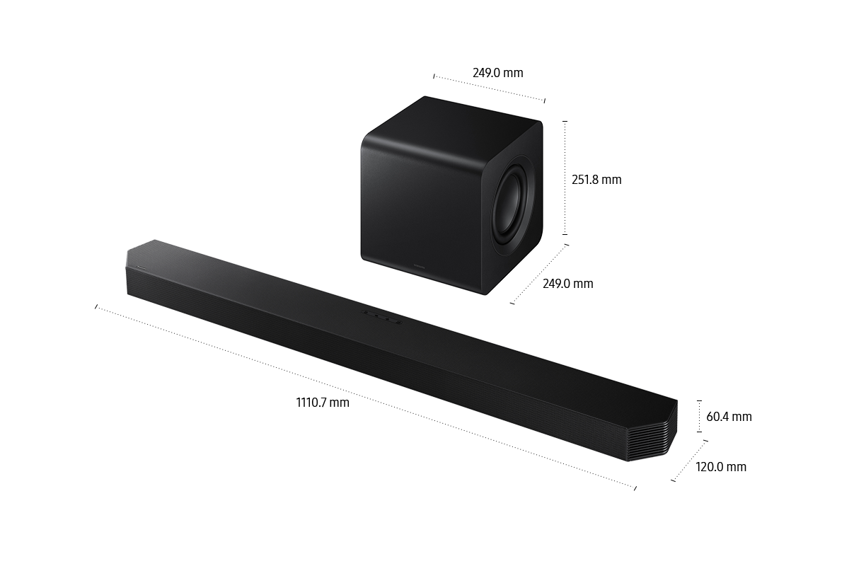 ขนาดของ Samsung Soundbar HW-Q800F (1110.7 x 60.4 x 120.0 มม.) พร้อมซับวูฟเฟอร์ (249.0 x 251.8 x 249.0 มม.)