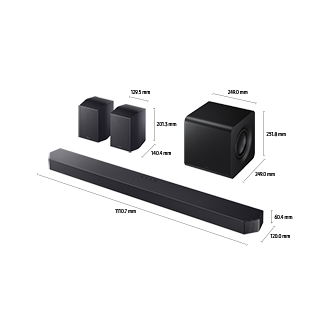 ขนาดของ Samsung Soundbar HW-Q930F (1110.7 x 60.4 x 120.0 มม.) พร้อมซับวูฟเฟอร์ (249.0 x 251.8 x 249.0 มม.) และลำโพงด้านหลัง (129.5 x 201.3 x 140.4 มม.)